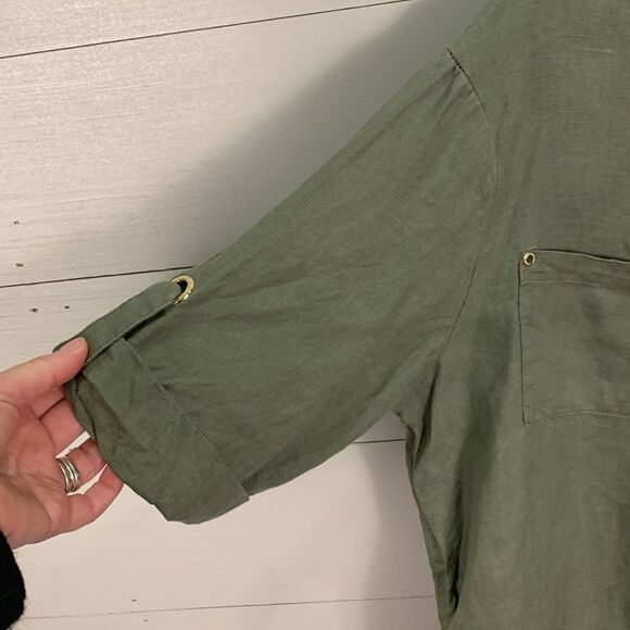 Ellen Tracy 100% linen olive green cropped bubble style blouse size large - Picture 6 of 8